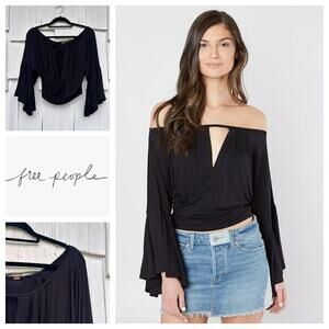 Free People Black Last Time Off Shoulder Long Bell Sleeve Cropped Top S‎